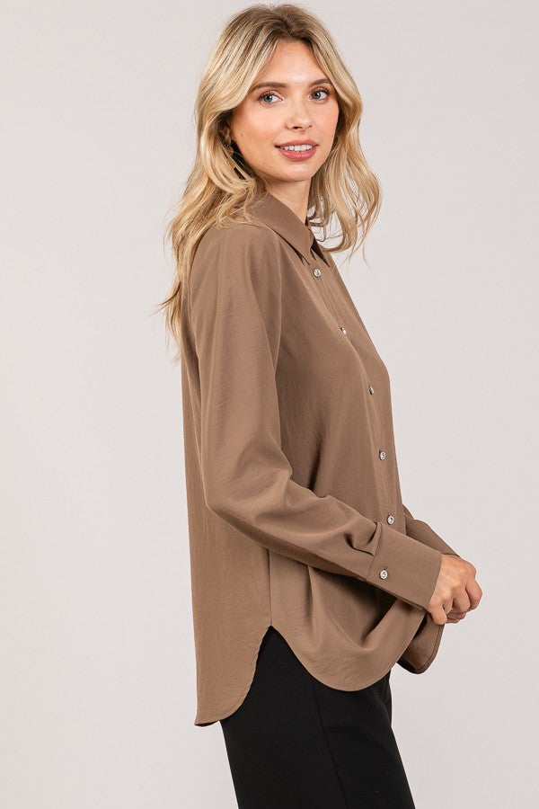 Textured Crepe Flower Rhinestone Button Dress Shirt Blouse