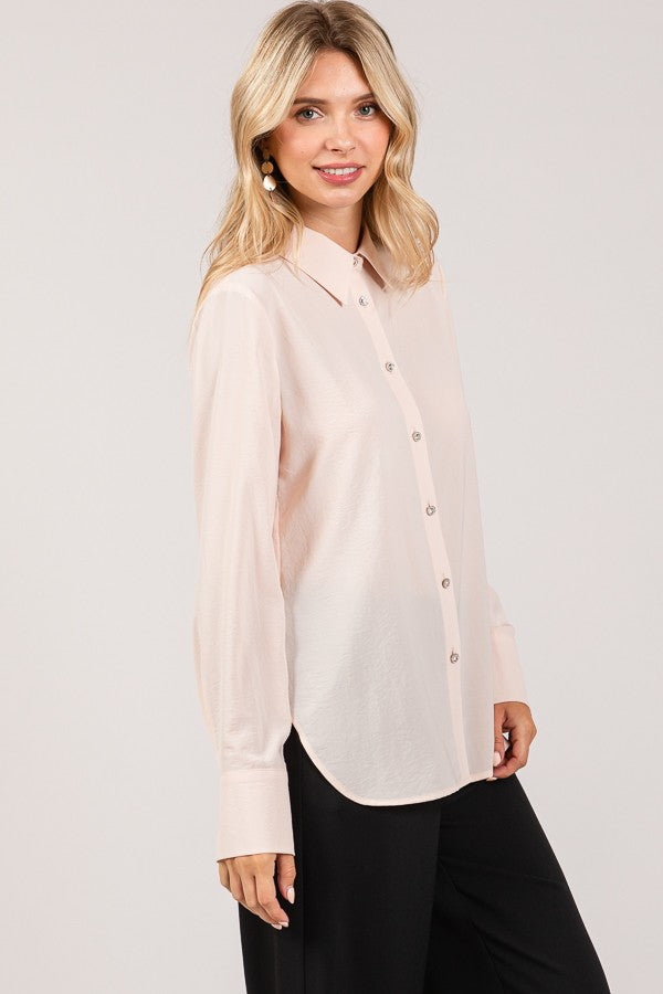 Textured Crepe Flower Rhinestone Button Dress Shirt Blouse