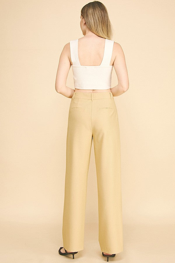 Twill Double Pleated Wide Leg High Waisted Trousers Pants
