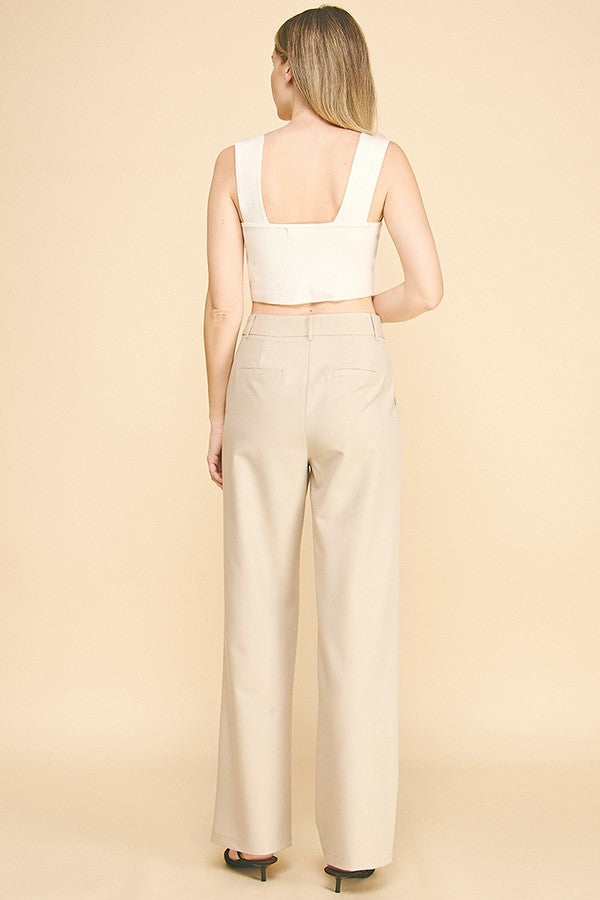 Twill Double Pleated Wide Leg High Waisted Trousers Pants