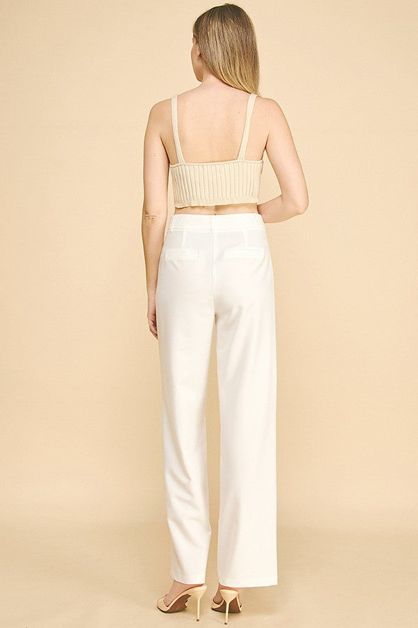 Twill Double Pleated Wide Leg High Waisted Trousers Pants