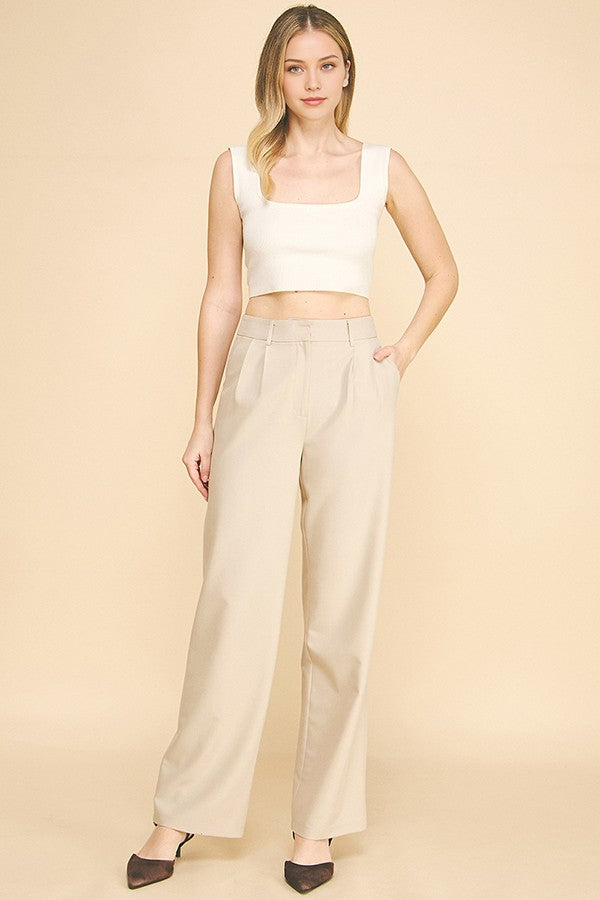 Twill Double Pleated Wide Leg High Waisted Trousers Pants