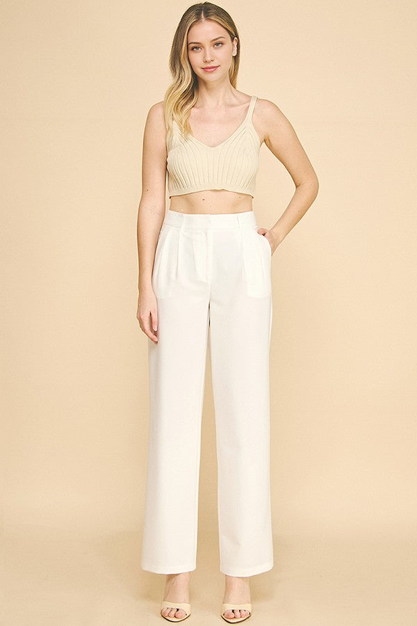 Twill Double Pleated Wide Leg High Waisted Trousers Pants