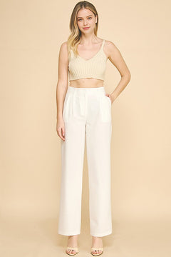 Twill Double Pleated Wide Leg High Waisted Trousers Pants