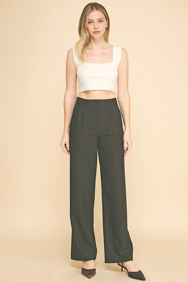 Twill Double Pleated Wide Leg High Waisted Trousers Pants