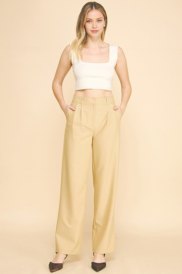 Twill Double Pleated Wide Leg High Waisted Trousers Pants
