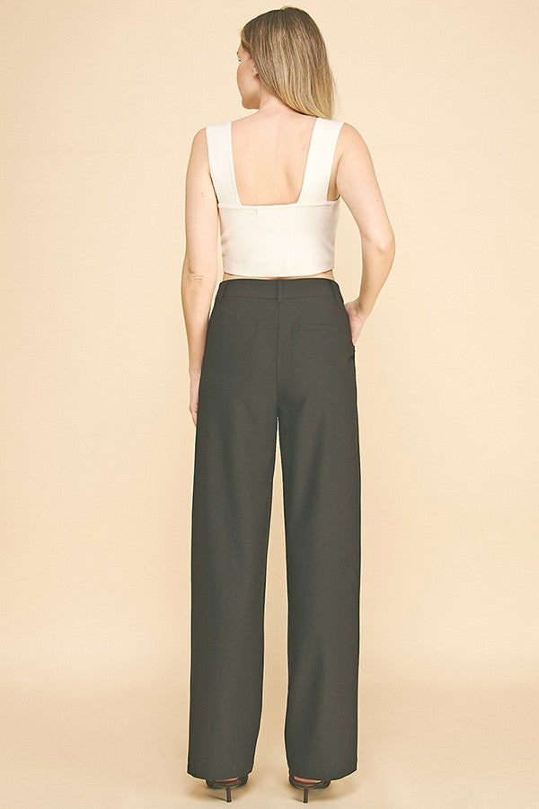 Twill Double Pleated Wide Leg High Waisted Trousers Pants