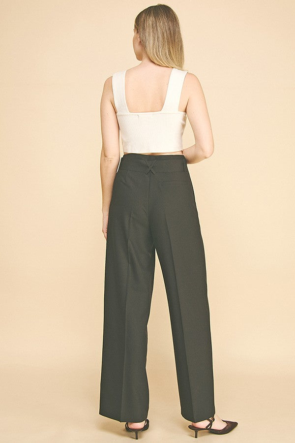 Twill Gold Square Ring Tie Wide Leg Trousers Pants
