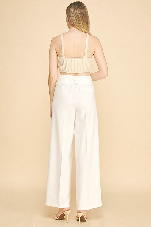 Twill Gold Square Ring Tie Wide Leg Trousers Pants