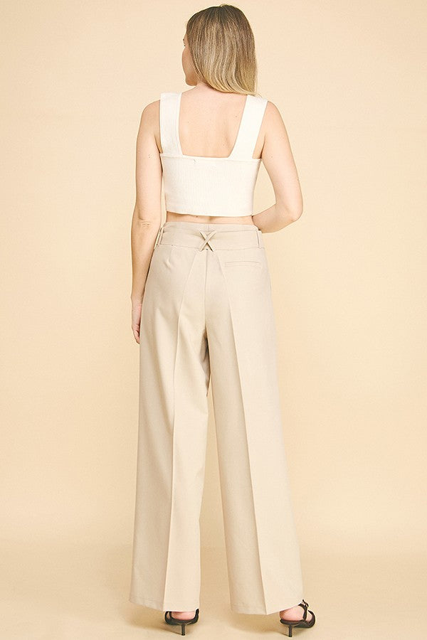 Twill Gold Square Ring Tie Wide Leg Trousers Pants