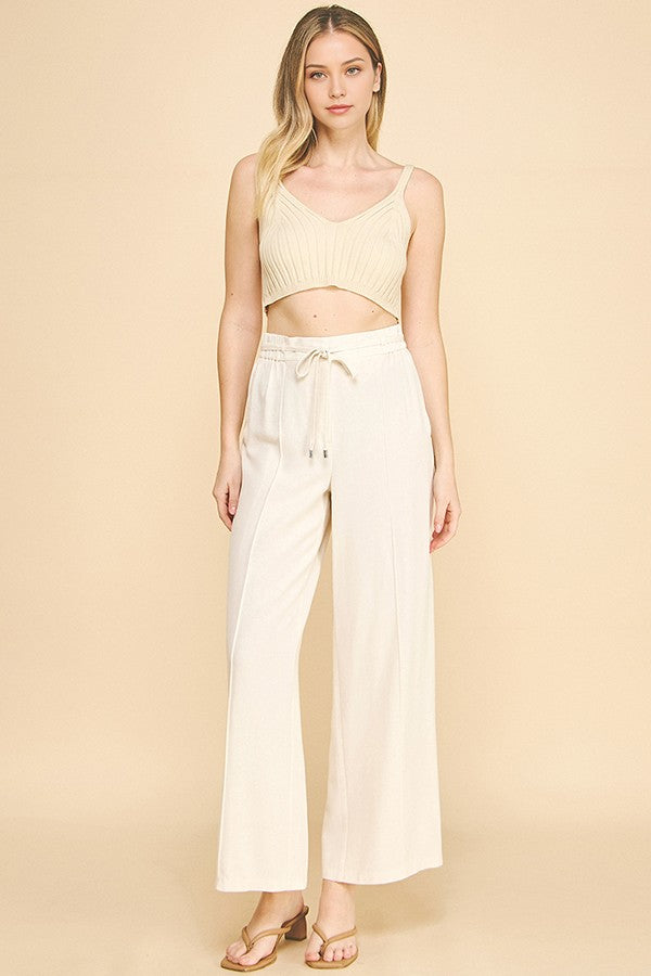 Linen Drawstring Stretch Waist Wide Leg Trousers Pants