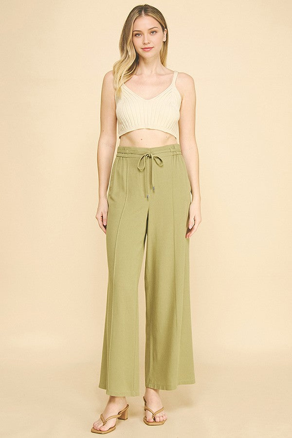 Linen Drawstring Stretch Waist Wide Leg Trousers Pants