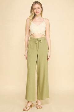 Linen Drawstring Stretch Waist Wide Leg Trousers Pants
