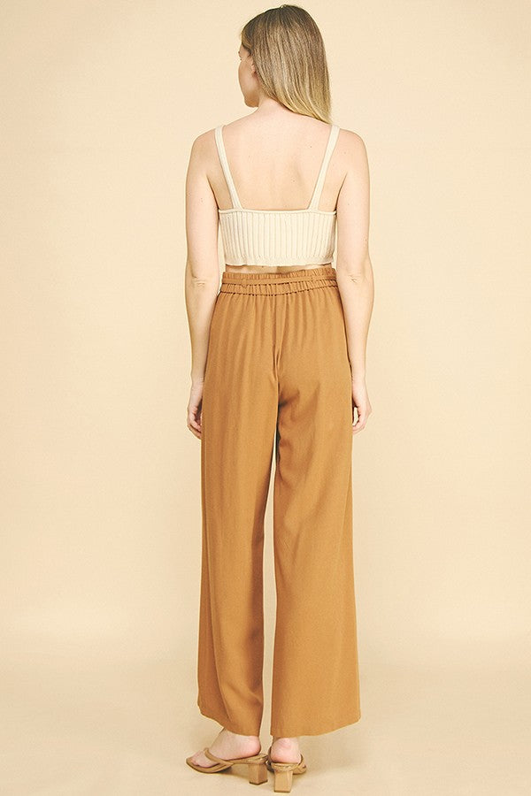 Linen Drawstring Stretch Waist Wide Leg Trousers Pants