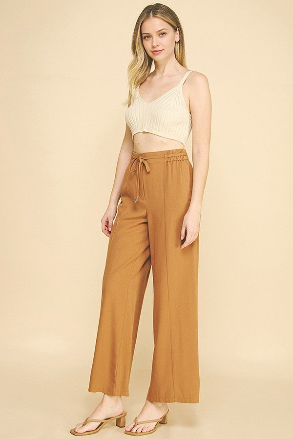 Linen Drawstring Stretch Waist Wide Leg Trousers Pants