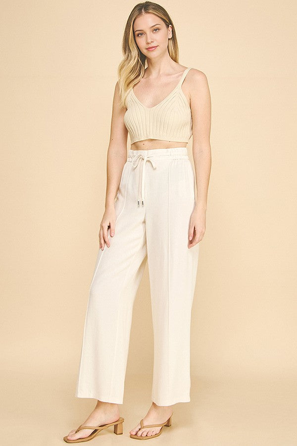 Linen Drawstring Stretch Waist Wide Leg Trousers Pants
