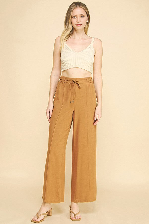 Linen Drawstring Stretch Waist Wide Leg Trousers Pants