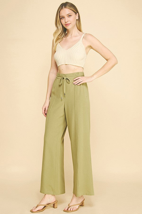 Linen Drawstring Stretch Waist Wide Leg Trousers Pants