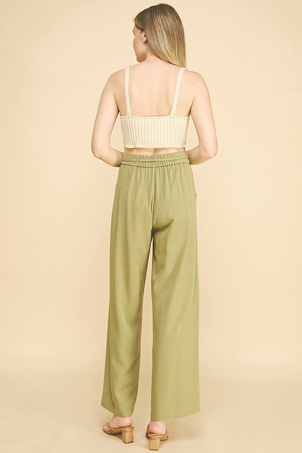 Linen Drawstring Stretch Waist Wide Leg Trousers Pants