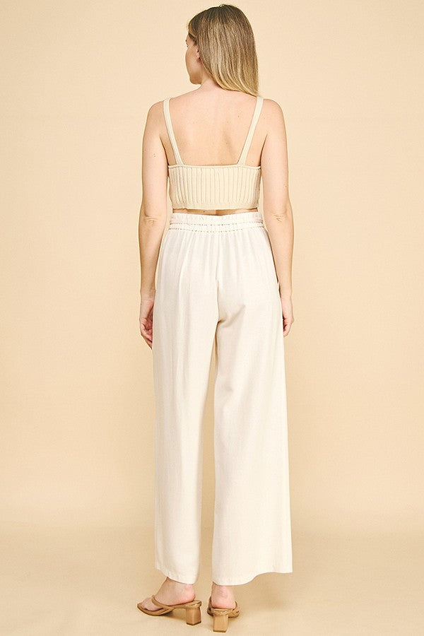 Linen Drawstring Stretch Waist Wide Leg Trousers Pants
