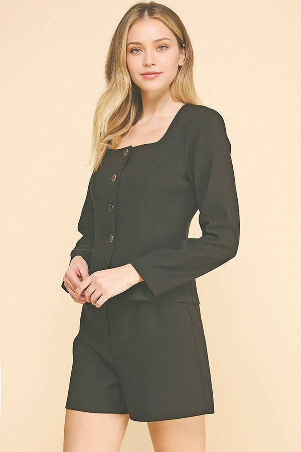 Twill Square Neck Tailored Flared Jacket