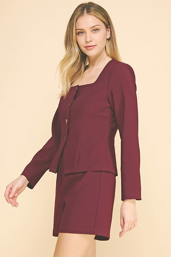 Twill Square Neck Tailored Flared Jacket