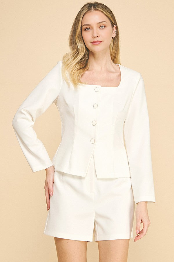 Twill Square Neck Tailored Flared Jacket
