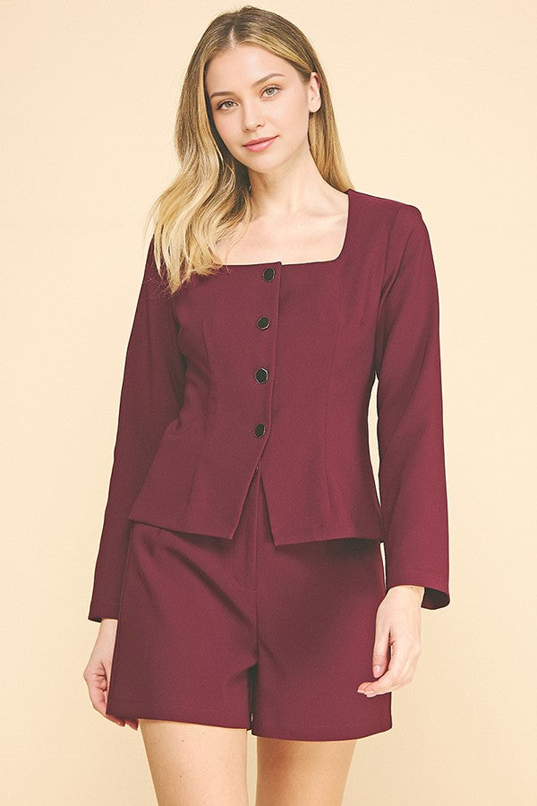 Twill Square Neck Tailored Flared Jacket