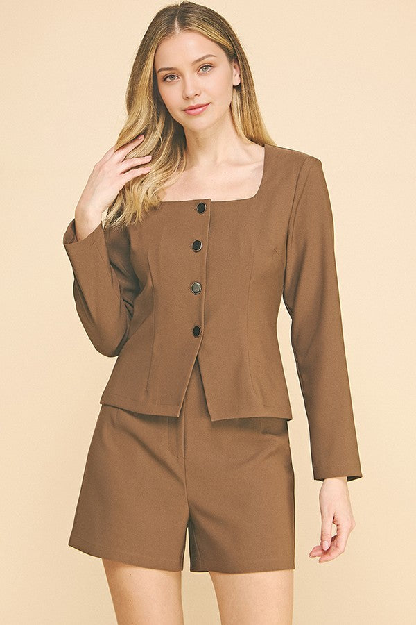 Twill Square Neck Tailored Flared Jacket
