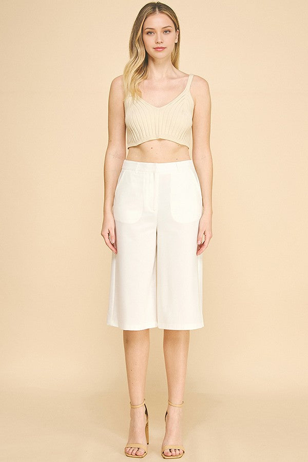 Twill Capri Wide Leg Bermuda Shorts