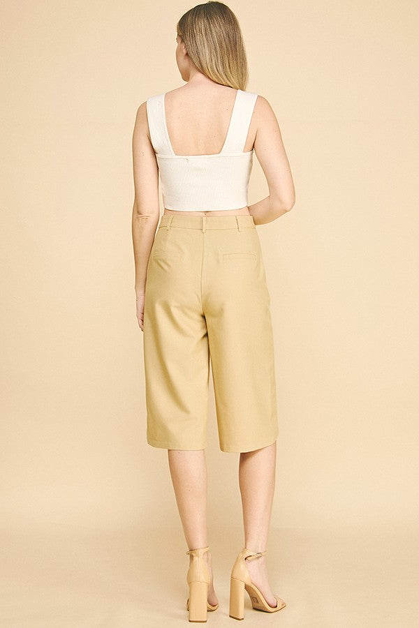 Twill Capri Wide Leg Bermuda Shorts