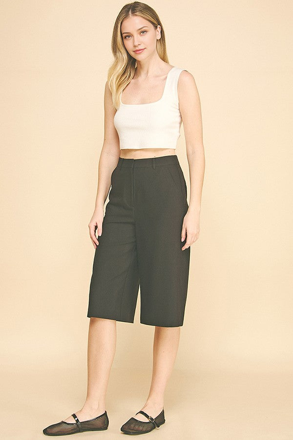 Twill Capri Wide Leg Bermuda Shorts