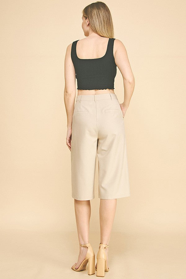 Twill Capri Wide Leg Bermuda Shorts