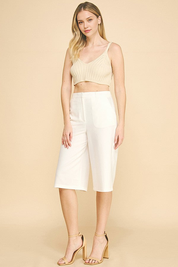 Twill Capri Wide Leg Bermuda Shorts