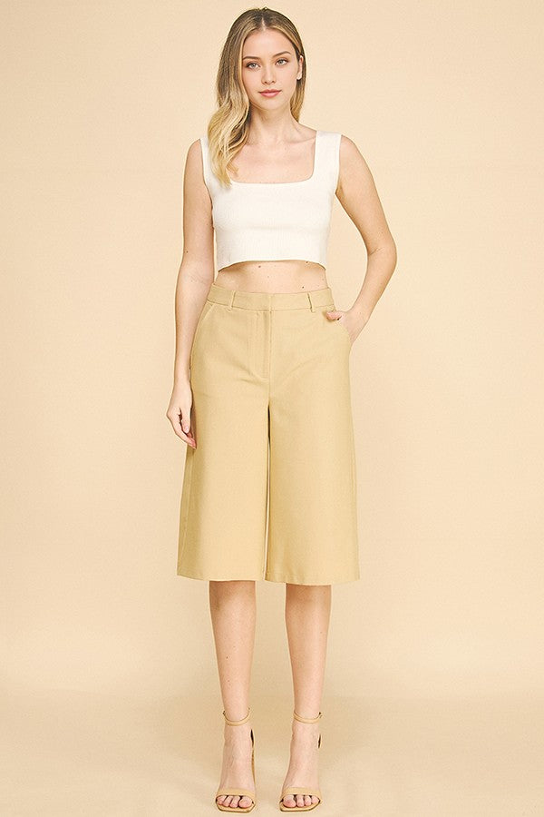 Twill Capri Wide Leg Bermuda Shorts