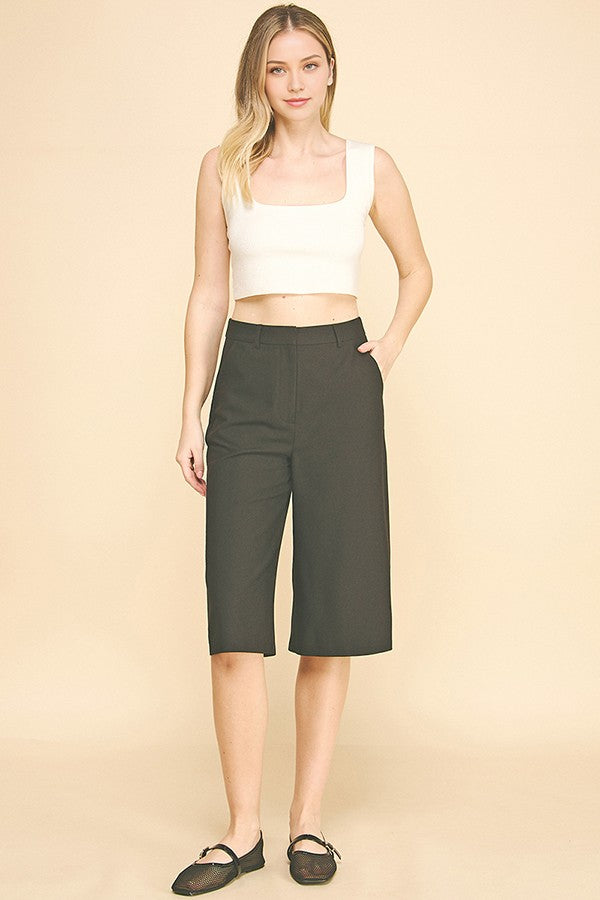 Twill Capri Wide Leg Bermuda Shorts