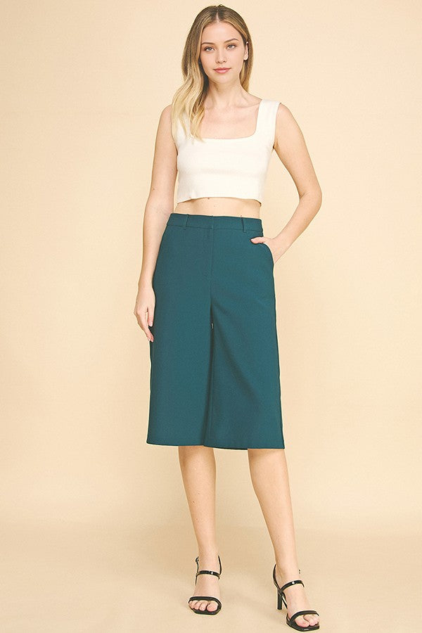 Twill Capri Wide Leg Bermuda Shorts