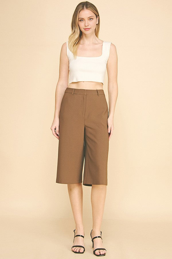 Twill Capri Wide Leg Bermuda Shorts