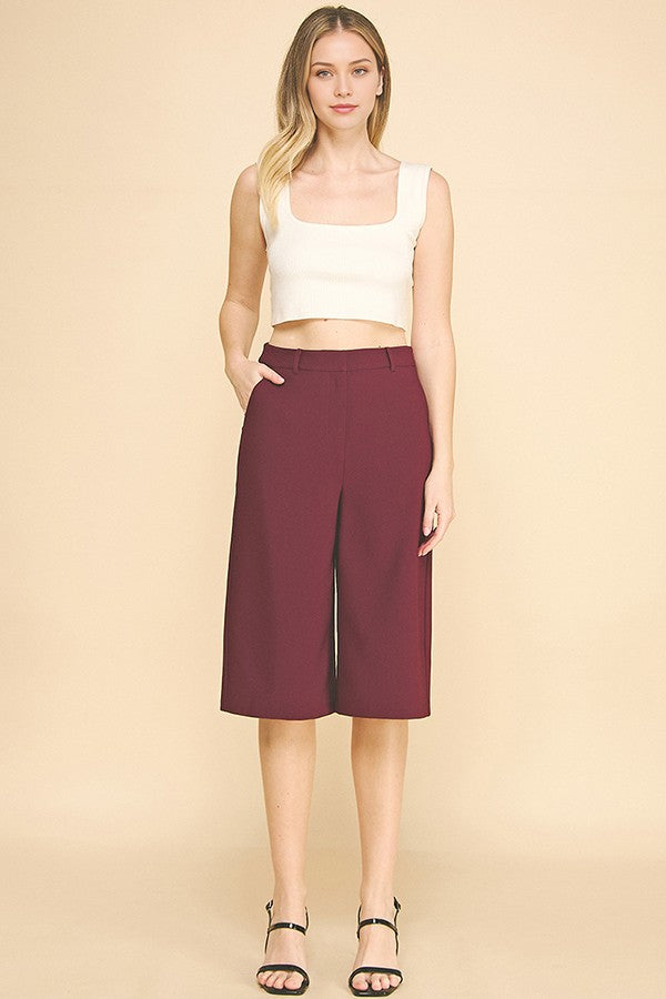 Twill Capri Wide Leg Bermuda Shorts