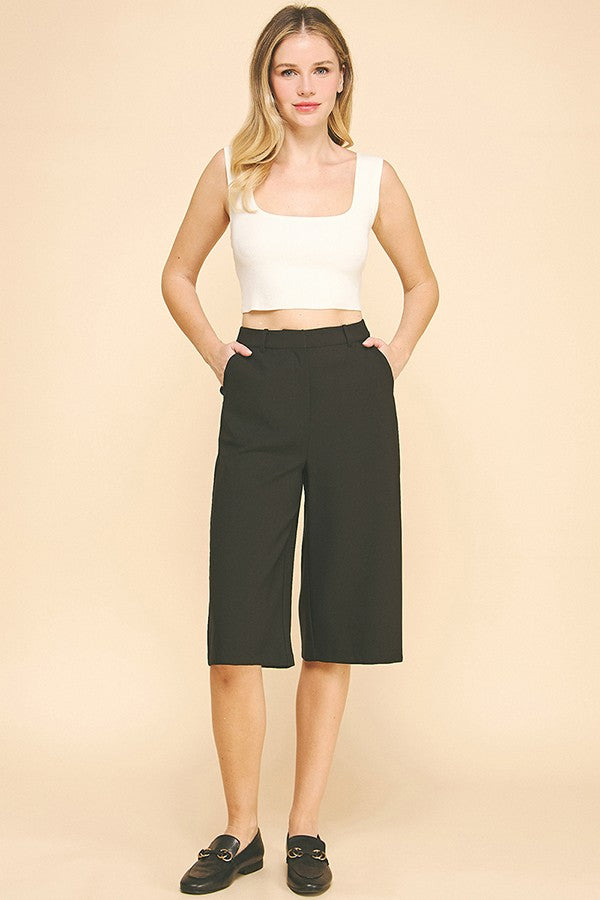 Twill Capri Wide Leg Bermuda Shorts