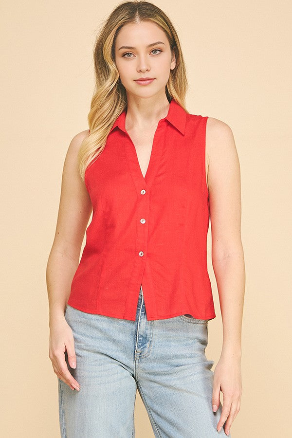 Linen Open Neck Sleeveless Vest Blouse Top