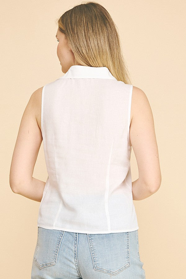 Linen Open Neck Sleeveless Vest Blouse Top