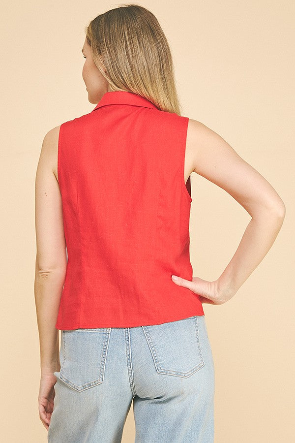 Linen Open Neck Sleeveless Vest Blouse Top