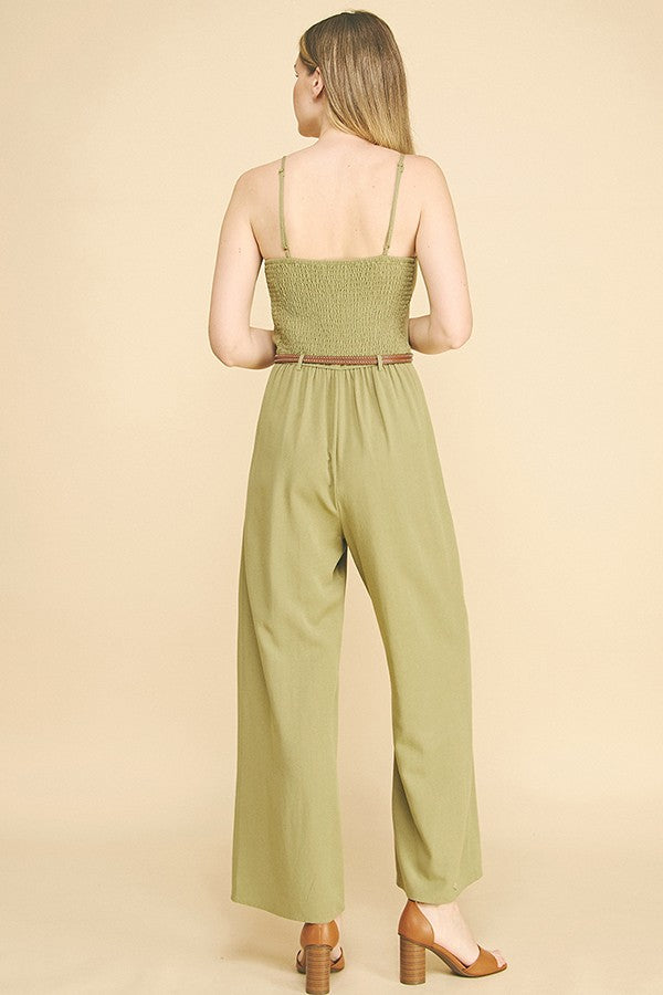 Linen Brown Leather Double Belted Smocked Back Cami Jumpsuit