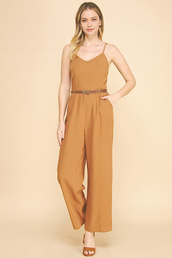 Linen Brown Leather Double Belted Smocked Back Cami Jumpsuit