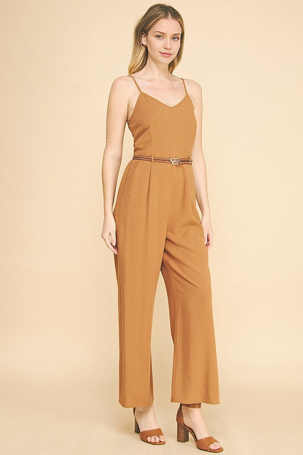 Linen Brown Leather Double Belted Smocked Back Cami Jumpsuit