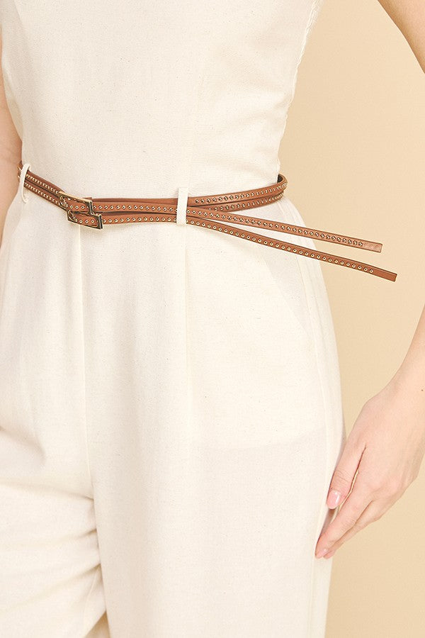 Linen Brown Leather Double Belted Smocked Back Cami Jumpsuit