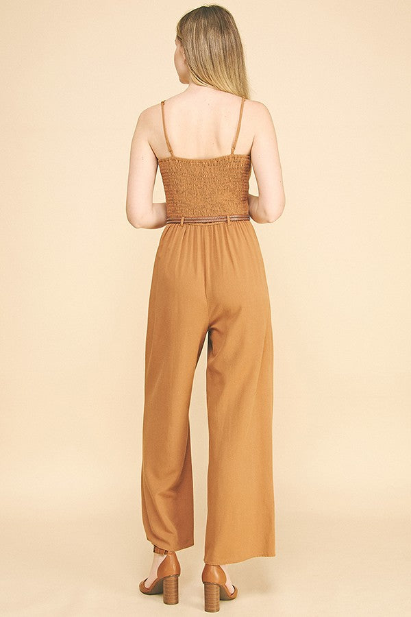 Linen Brown Leather Double Belted Smocked Back Cami Jumpsuit