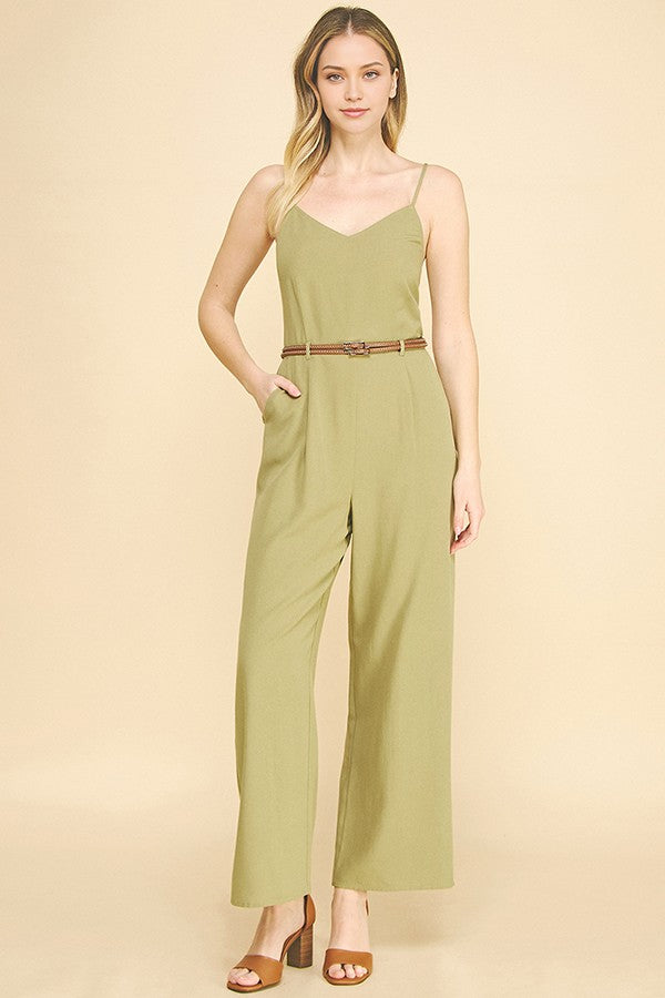 Linen Brown Leather Double Belted Smocked Back Cami Jumpsuit