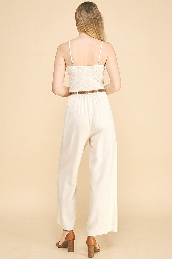 Linen Brown Leather Double Belted Smocked Back Cami Jumpsuit